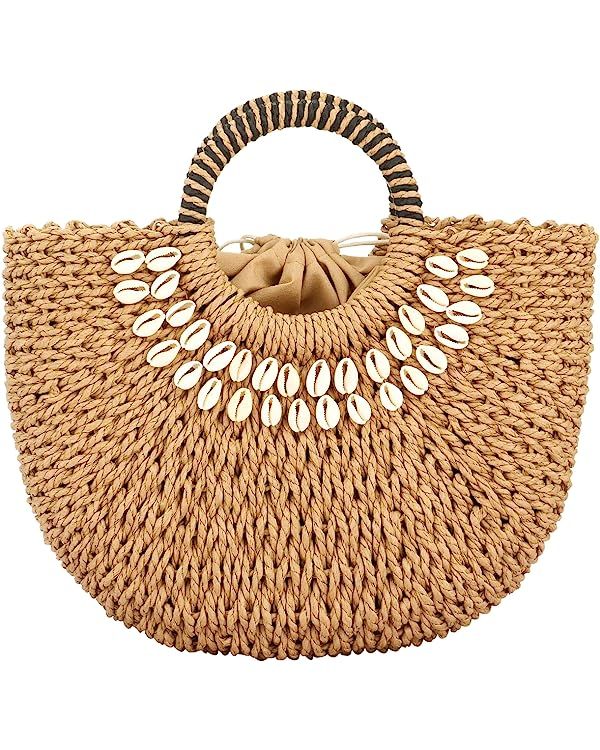 Beach Bag for Women Straw Top-Handle Bags Summer Woven Beach Tote Bag | Amazon (US)