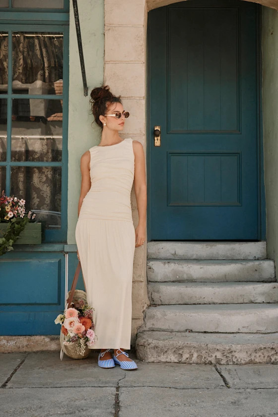 Tamber Light Yellow Jersey Knit Drop Waist Midi Dress | Lulus