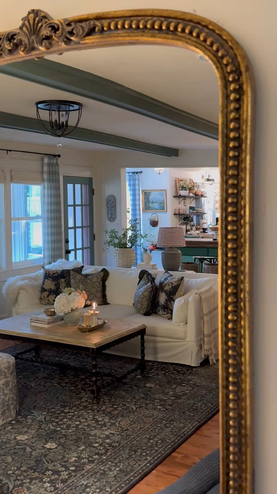 Gold beaded mirror, slipcovered sofa, washable rug, coffee table, pillows

#LTKHome #LTKSeasonal #LTKSaleAlert