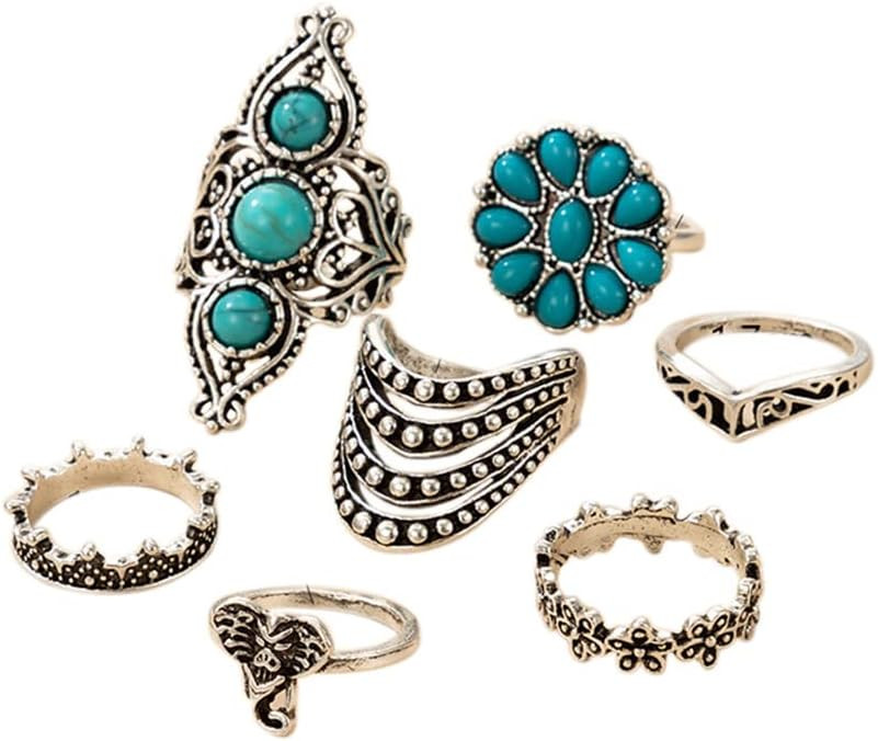 Fuqimanman2020 Bohemian Western Turquoise Oval Geometric Stackable Rings Set Midi Crystal Gemston... | Amazon (US)