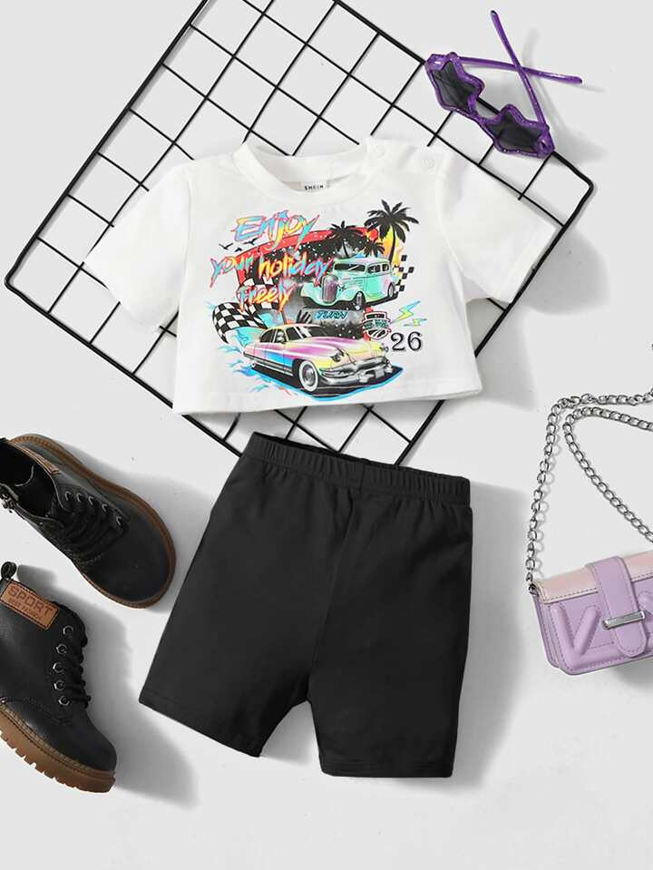 SHEIN Baby Car & Slogan Graphic Tee & Shorts | SHEIN