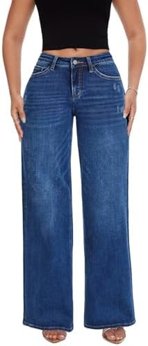 ONESO Mid-Low Rise Baggy Jeans Wide Leg for Women Distressed Pants Stretchy Bottom Lady Basic Com... | Amazon (US)