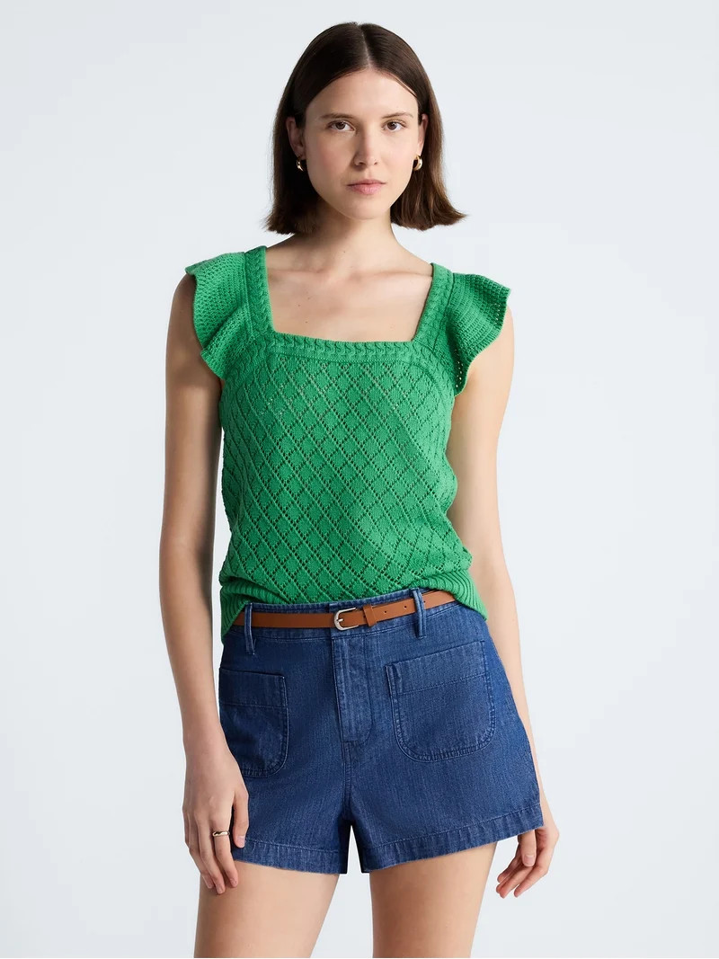 Free Assembly Women's and Women's Plus Square Neck Cotton Sweater with Flutter Sleeves, Sizes XS-... | Walmart (US)