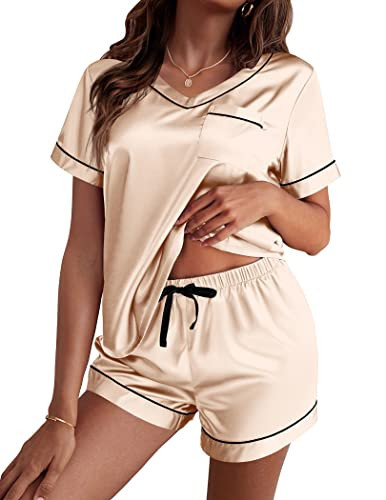 Ekouaer polyester Pajama for Women Short Sleeve Satin Pj Set Two Piece Soft Sleepwear Loungewear Casual Pjs for Summer Champagne XL | Amazon (US)