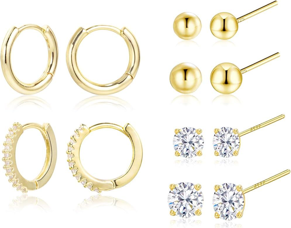 Earring Sets for Multiple Piercing | 14K Gold Plated Studs Earrings and Hoops Set Hypoallergenic Sma | Amazon (US)