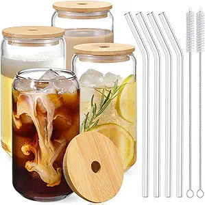 NETANY Drinking Glasses with Bamboo Lids and Glass Straw 4pcs Set - 16oz Can Shaped Glass Cups, B... | Amazon (US)