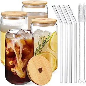 Drinking Glasses with Bamboo Lids and Glass Straw 4pcs Set - 16oz Can Shaped Cups, Beer Glasses, ... | Amazon (US)