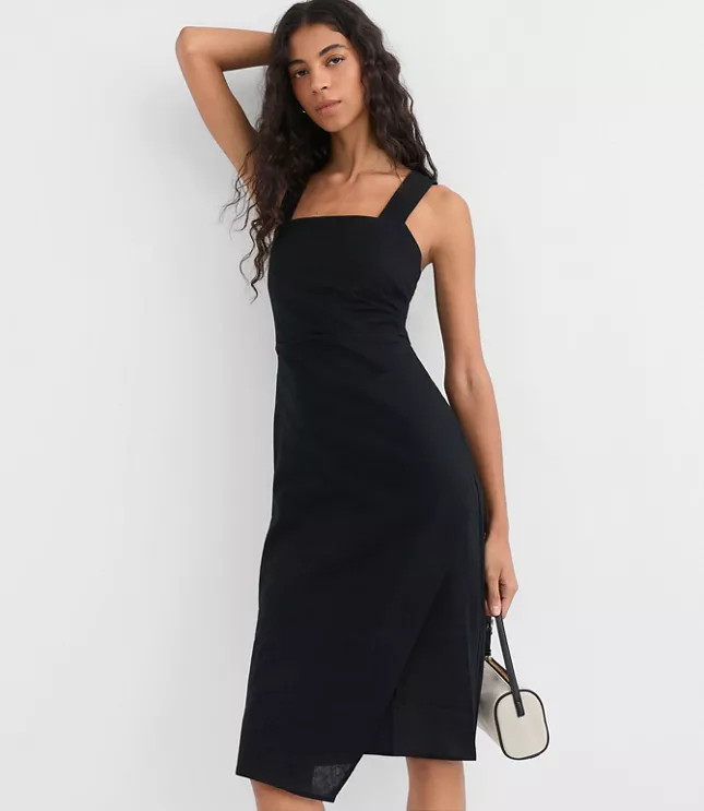 Ruched Linen Cotton Square Neck Midi Dress | LOFT