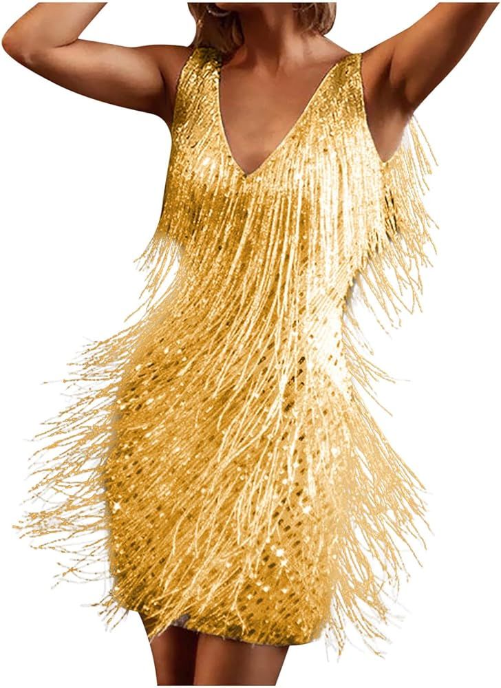 Ruziyoog Fashion Dress for Women Elegant Tassels Sequin Fringe Flapper Dresses Sexy Spaghetti Str... | Amazon (US)