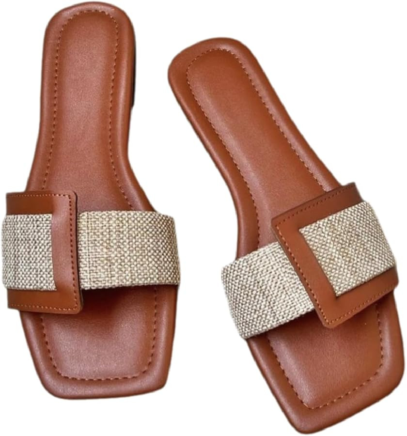 BLYVORA Women's Canvas One Word Flat Slides Sandals Fashion Non-Slip Square Toe Slip On Leather W... | Amazon (US)