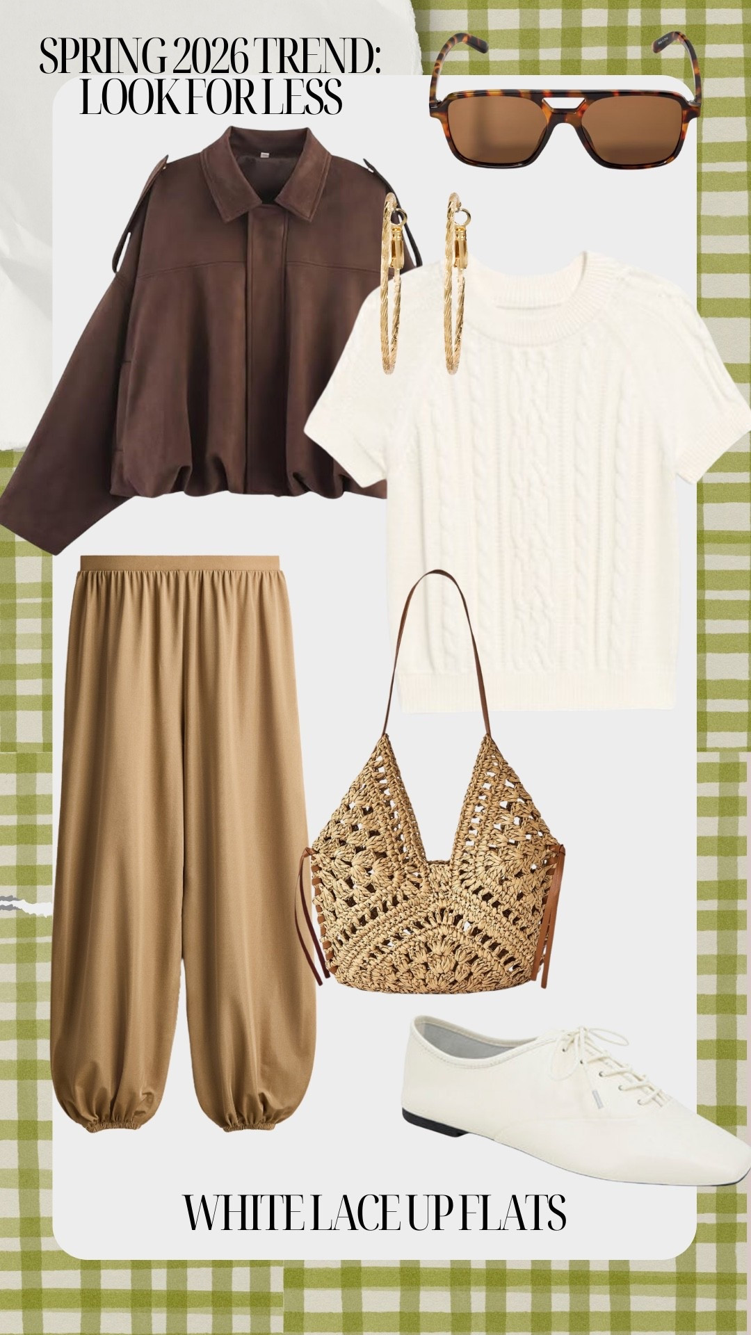 If you like the look, but not the price, here’s this week’s Look for Less.  

Kenneth Cole Lace Up Flats

Cable Knit Cropped Sweater - Old Navy 
Beige Balloon Pants - H&M
Faux Suede Bomber Jacket - Amazon
Straw Crochet Shoulder Bag, Tortoise Aviator Sunglasses & Textured Hoop Earrings - 🎯 

#LTKWorkwear #LTKmomlife #LTKSeasonal