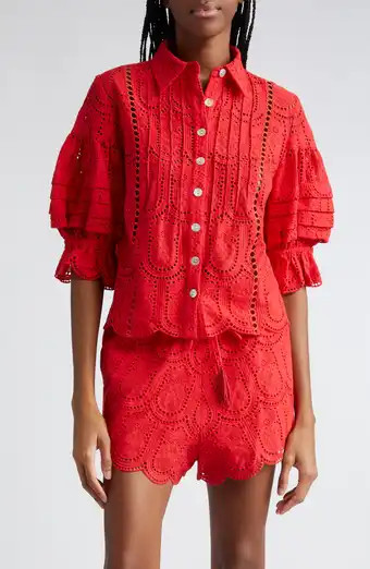FARM Rio Painted Flowers Ruffle Puff Sleeve Cotton Button-Up Shirt | Nordstrom | Nordstrom