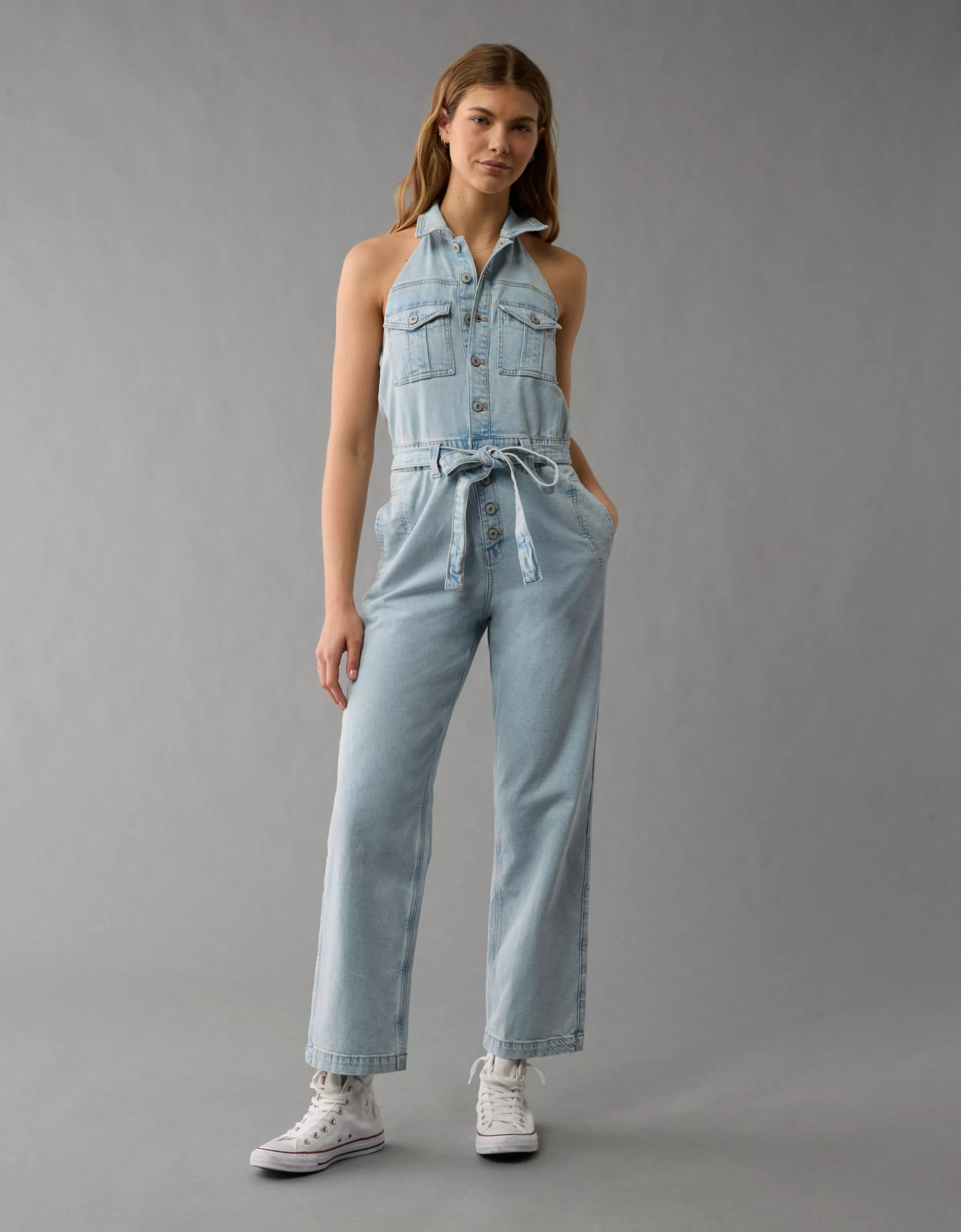 AE Denim Collared Halter Jumpsuit | American Eagle Outfitters (US & CA)