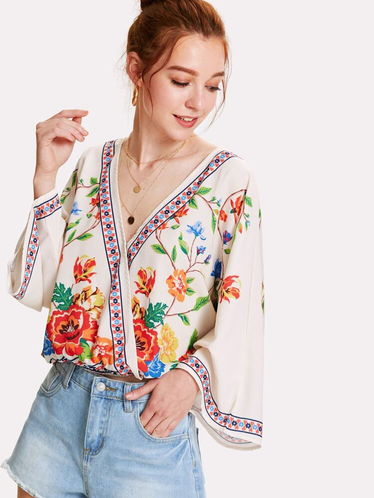 Surplice Floral Top | SHEIN