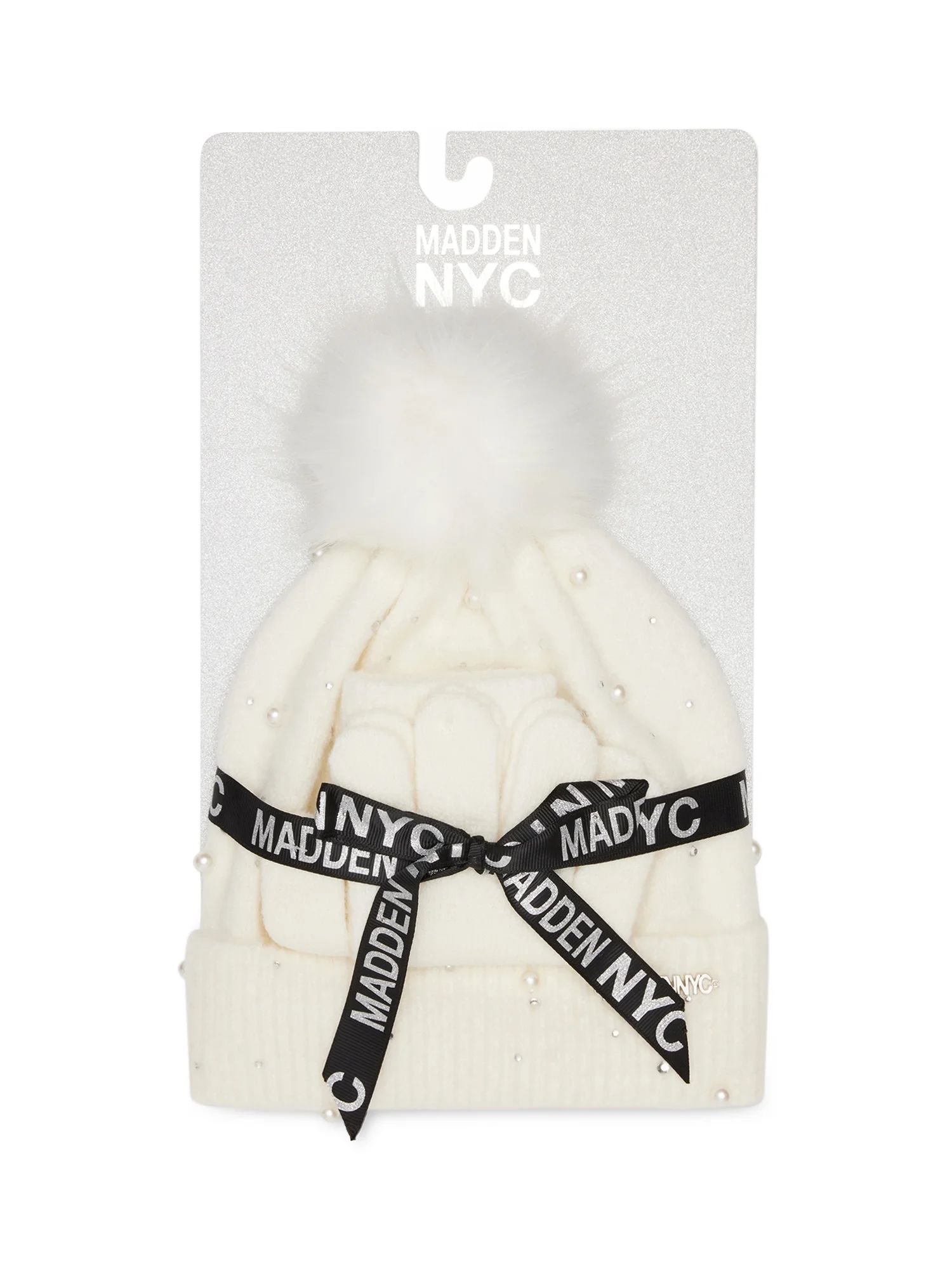 Madden Nyc Women's Faux Pearl Beanie And Gloves, 2-Piece Gift Set Ivory | Walmart (US)
