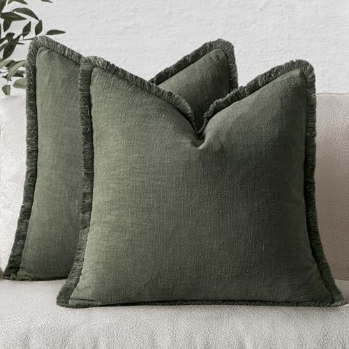 MIULEE Decorative Throw Pillow Covers Neutral Fringe Throw Pillows Set of 2 Rifle Green Boho Farmhouse Cushion Covers with Tassels for Couch Sofa Bed Living Room Spring Home Decor 20x20 Inch | Amazon (US)