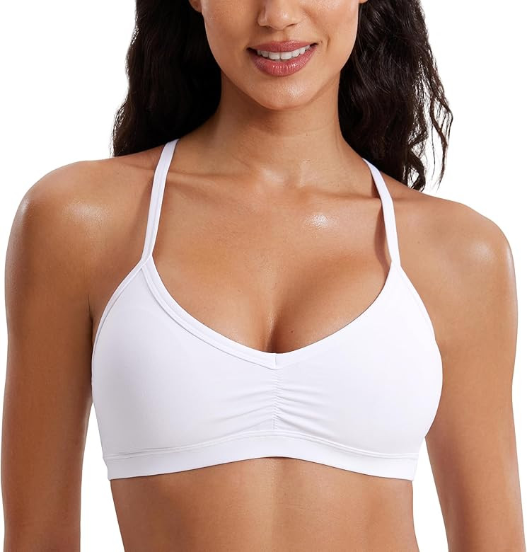 CRZ YOGA Butterluxe Womens Ruched V Neck Sports Bra - Y Back Spaghetti Thin Strap Wireless Padded... | Amazon (US)
