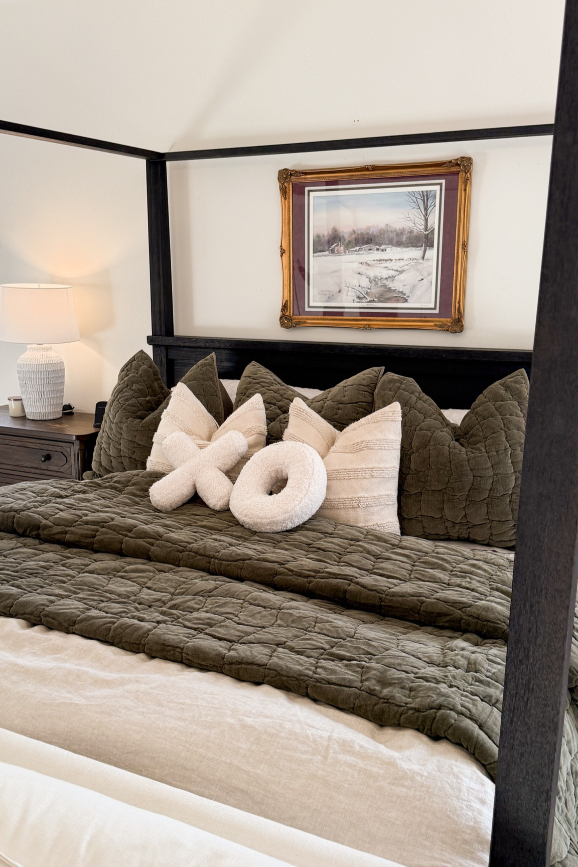 New year bedding master bedroom refresh. Neutral green and tan bedding. Velvet quilt. Linen sheets and duvet. Pottery barn bedding  

#LTKHome #LTKSeasonal