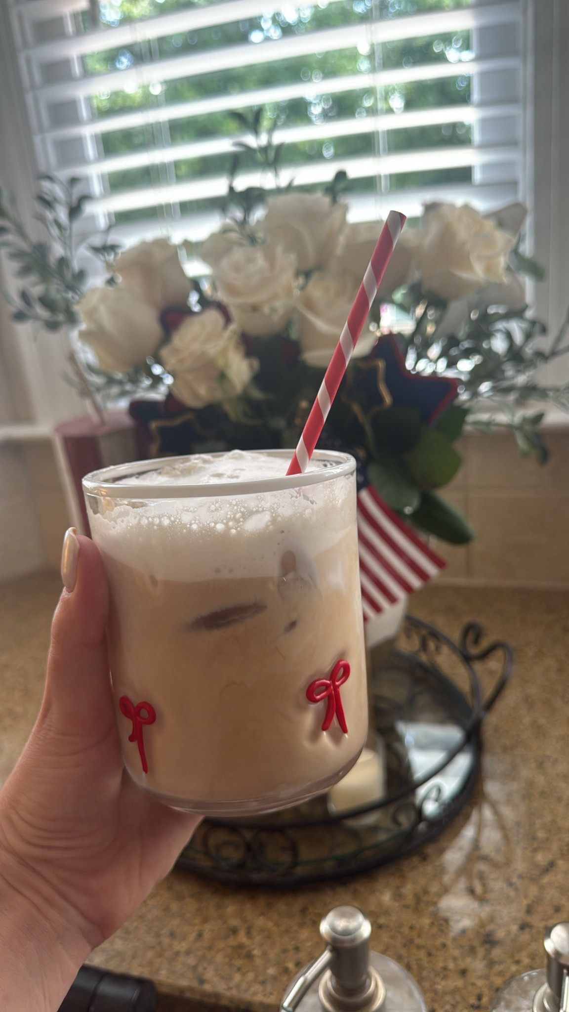 A 4th of July inspired coffee❤️☕️ #iconglass #redbows #redandwhite 

#LTKSummerEdit #LTKHome