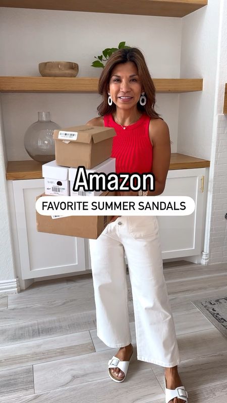 Fav Amazon summer sandals in heavy rotation.
All sandals fit tts except the 3rd pair(size down). If in b/w sizes in all, size down.
My summer outfit is linked: red tank top in small; wide leg white jeans in size 4 regular length. Size 2 would be better but this is the smallest size available. 
Sandals, summer sandals, Amazon finds, summer outfit, comfy sandals, fashion over 40, Memorial Day weekend outfit, 4th of July outfit. 

#LTKOver40 #LTKShoeCrush #LTKVideo