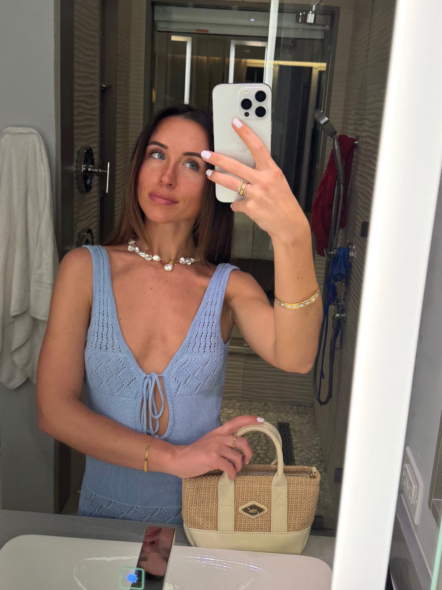 vacation dinner outfit. this blue hello molly maxi dress comes back in stock here and there so keep checking back! Got this mini straw bag at kith, but linked some similar ones 