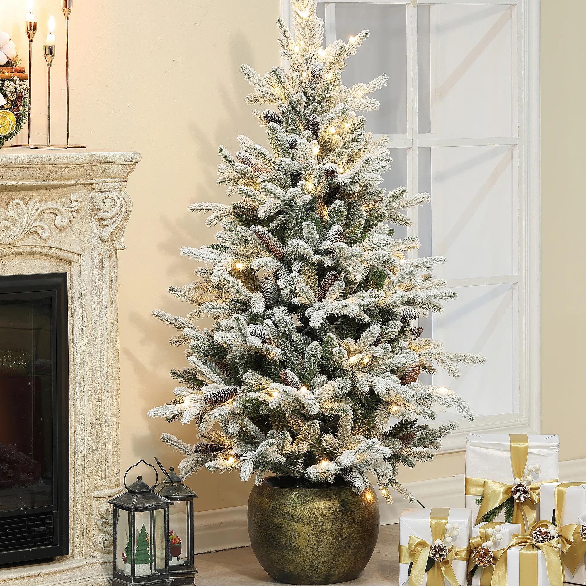 4.5' Green Leaves Pine Trees Artificial Christmas Tree with 100 Lights Clear/White Lights | Wayfair North America