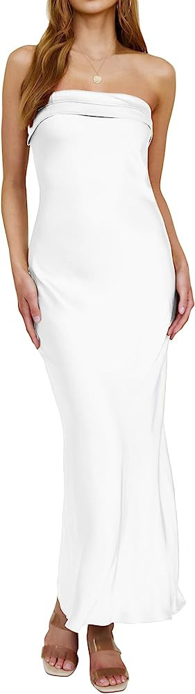MEROKEETY Women 2023 Summer Strapless Satin Tube Bodycon Backless Wedding Guest Maxi Dress | Amazon (US)