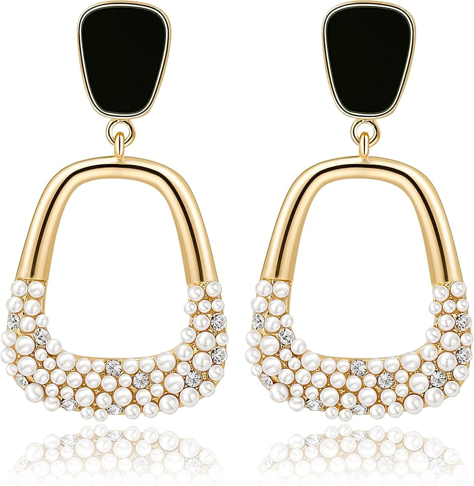 Gold Statement Geometric Dangle Earrings - Rectangle Heart Black White Pearl Beads Crystal Cubic ... | Amazon (US)