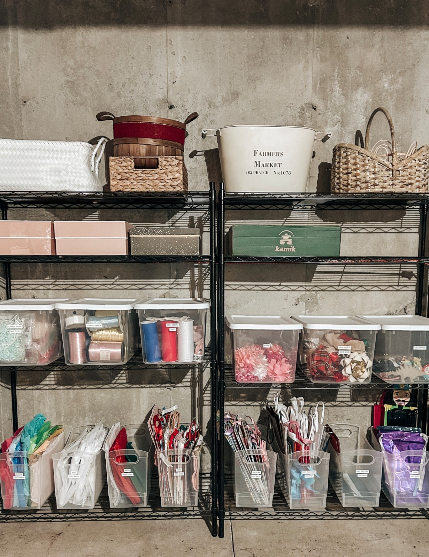 basement organization, gift wrap storage, storage racks, basement racks, garage racks, bins for racks, storage bins, gift bag organizers, tissue paper organizers, organized basement, storage solutions, home organization 

#LTKHome #LTKFamily #LTKStyleTip