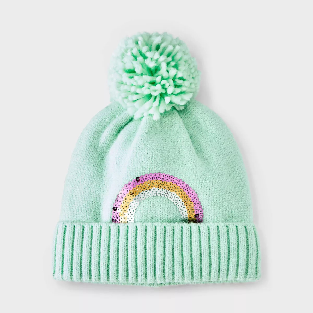 Girls' Cuff Beanie with Rainbow Sequins Embroidery Hat - Cat & Jack™ Mint Green | Target