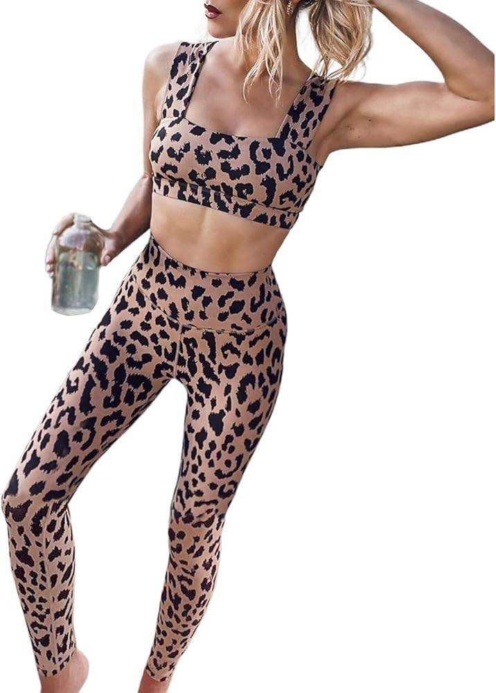 Womens 2 Pieces Yoga Workout Sets High Waist Printed Outdoor Sports Bra Top and Leggings Athletic... | Amazon (US)