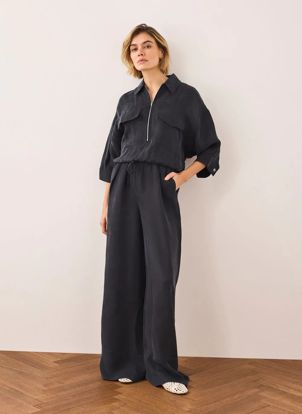 Navy Drawstring Wide Leg Trousers | Mint Velvet