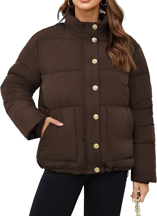 Funlingo Women's Cropped Puffer Jacket Winter Stand Collar Zip Up Snap Button Warm Lightweight Sh... | Amazon (US)