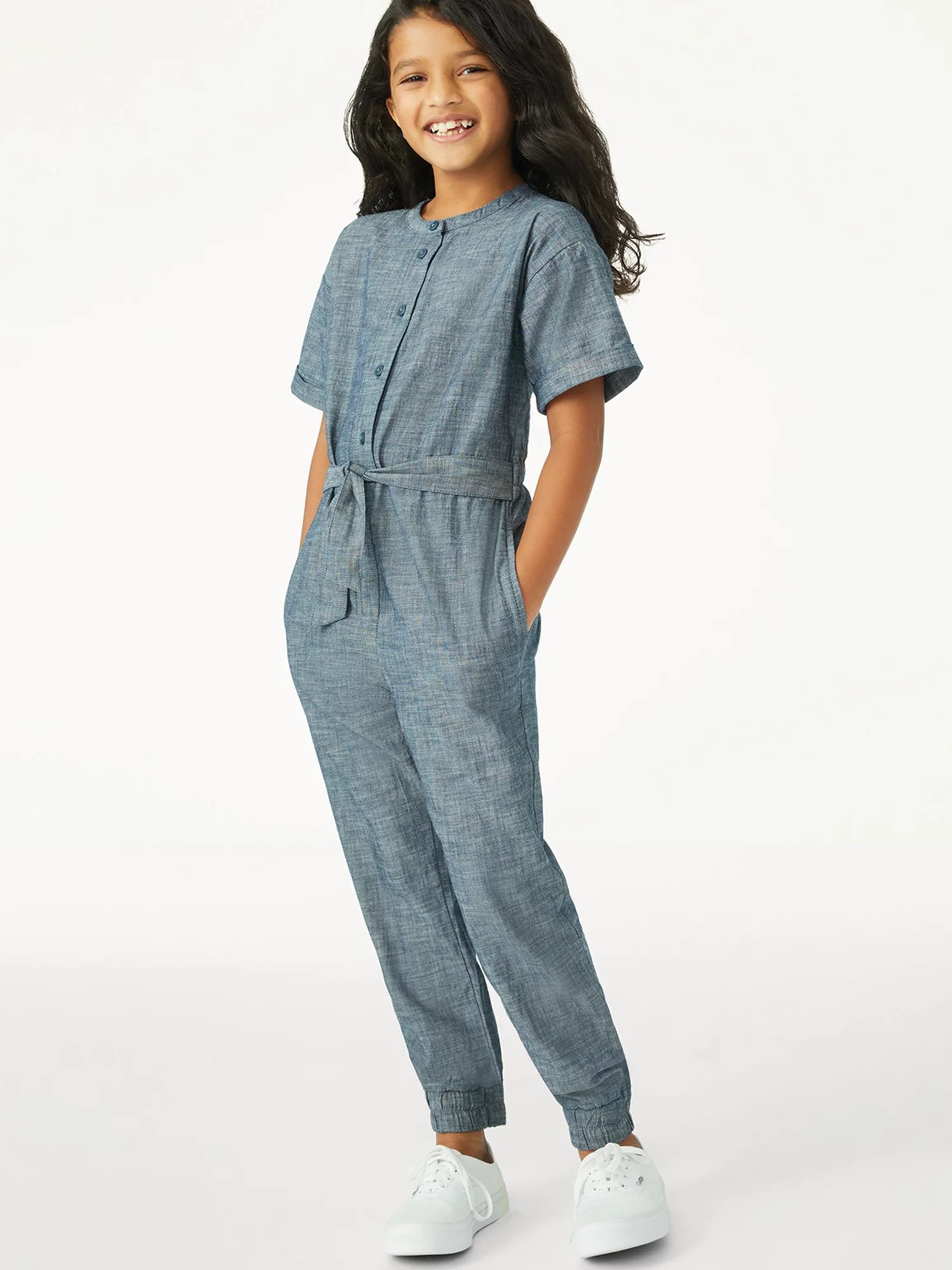 Free Assembly Girls Short Sleeve Belted Jumpsuit, Sizes 4-18 | Walmart (US)