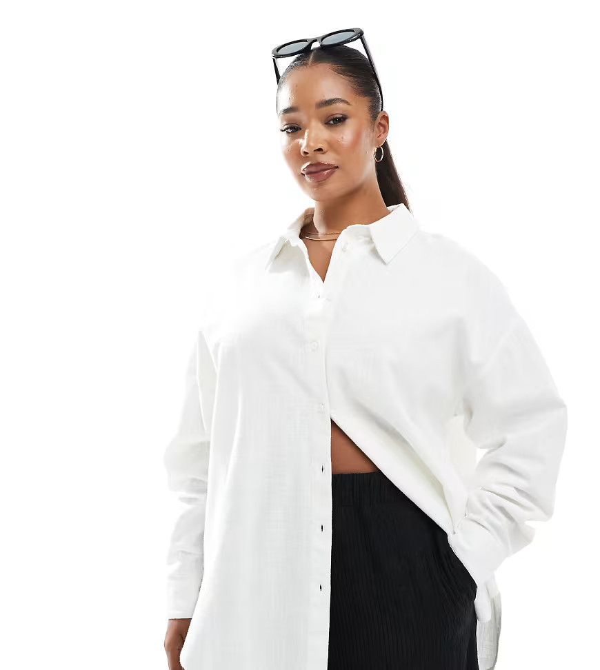 ASOS DESIGN Curve oversized linen look shirt in off white | ASOS (Global)