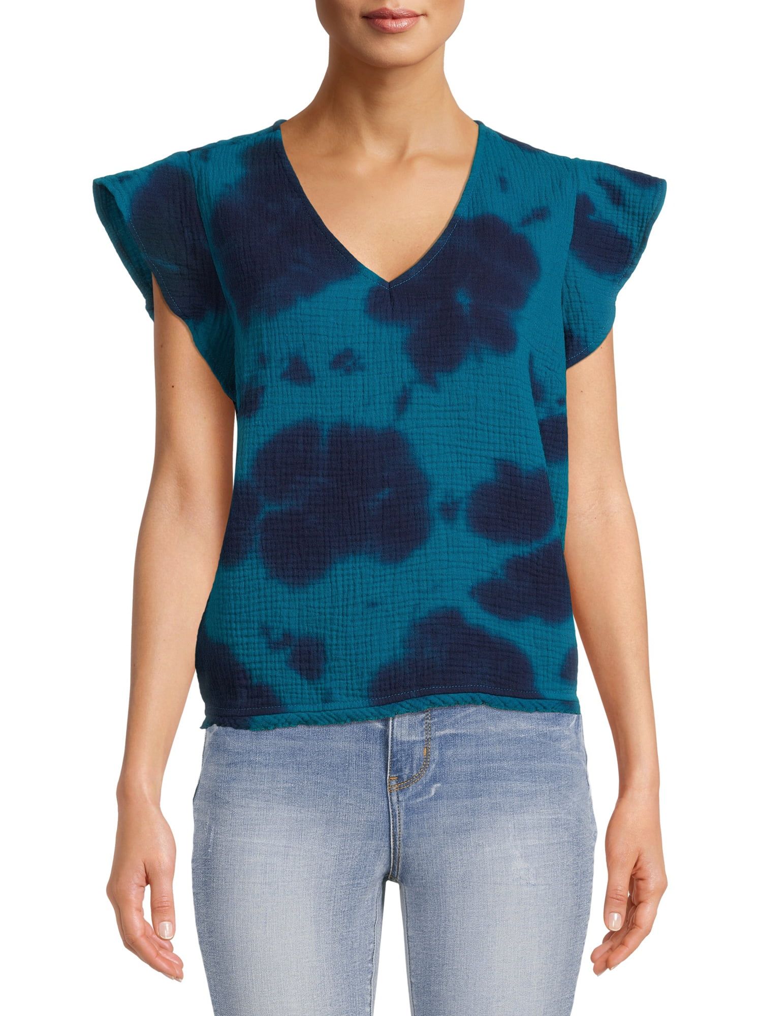 Time and Tru Women's Tie Dye Top with Short Ruffle Sleeves | Walmart (US)