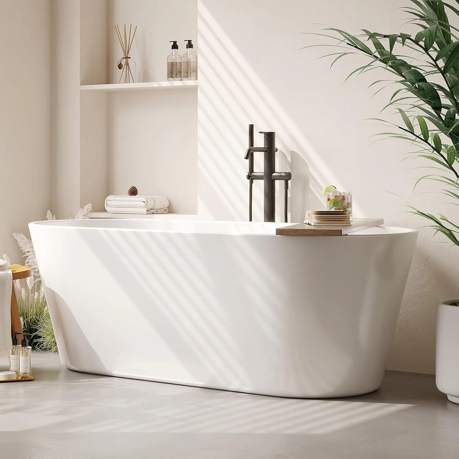 Qeetex 67 inch Acrylic Freestanding Bathtub Contemporary Stand Alone Tub Glossy White Soaking Tub Oval Bathtub with Chrome Overflow and Drain CUPC | Lowe's