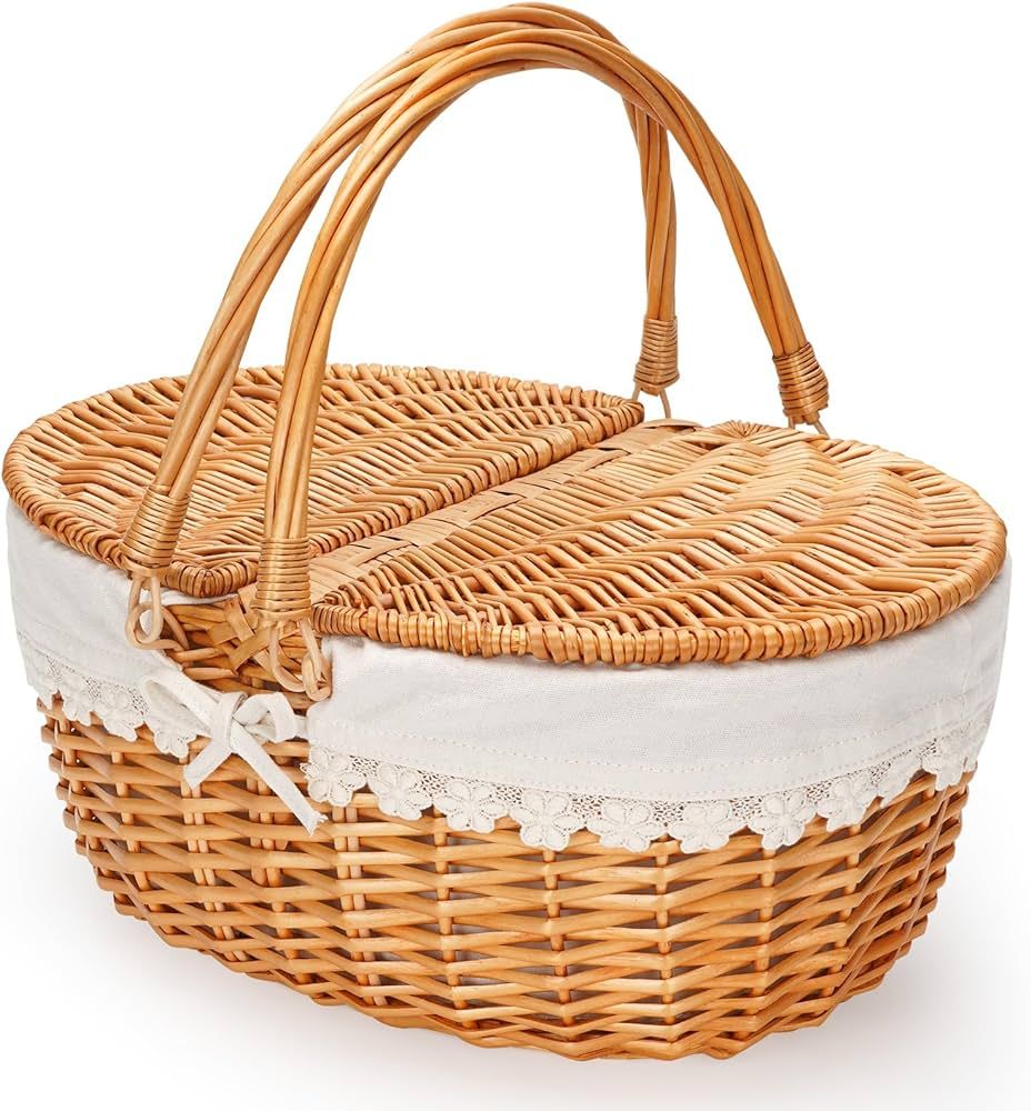 Wicker Picnic Basket with Removable Liner, Empty Picnic Baskets with Lid, Vintage-Style Picnic Ha... | Amazon (US)
