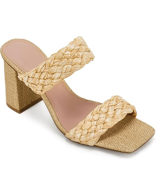 Syktkmx Women's Braided Heeled Sandals Backless Square Open Toe Block Slide Sandals | Amazon (US)