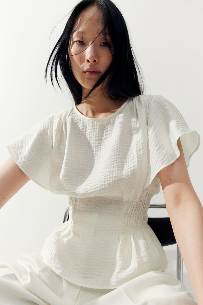 Textured-weave Blouse - Round Neck - Short sleeve - White - Ladies | H&M US | H&M (US + CA)