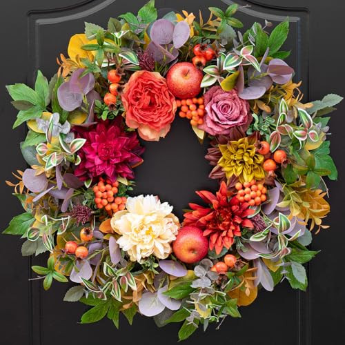 Fall Wreaths for Front Door Outside Autumn Wreath with Flowers, Apples, Berries & Leaves Fall Wreath for Outdoor Wreaths for Front Door, Autumn Decor for Outdoor 24 Inch | Amazon (US)