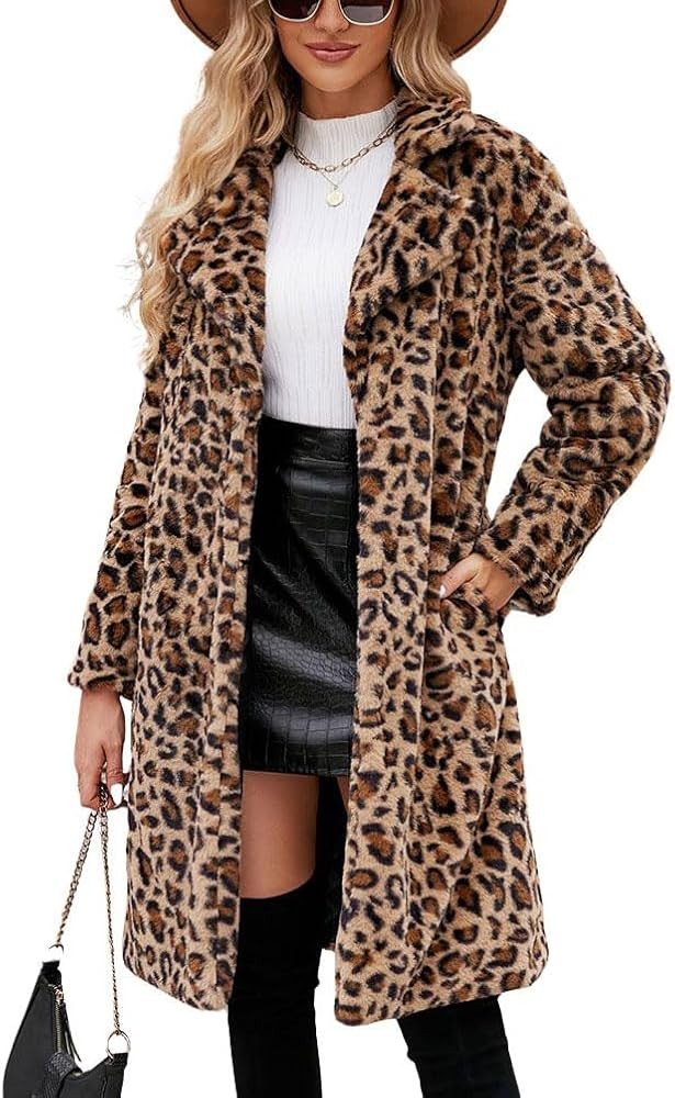 chouyatou Women's Open Front Leopard Print Faux Fur Long Trench Coat Lapel Collar Furry Jacket Co... | Amazon (US)