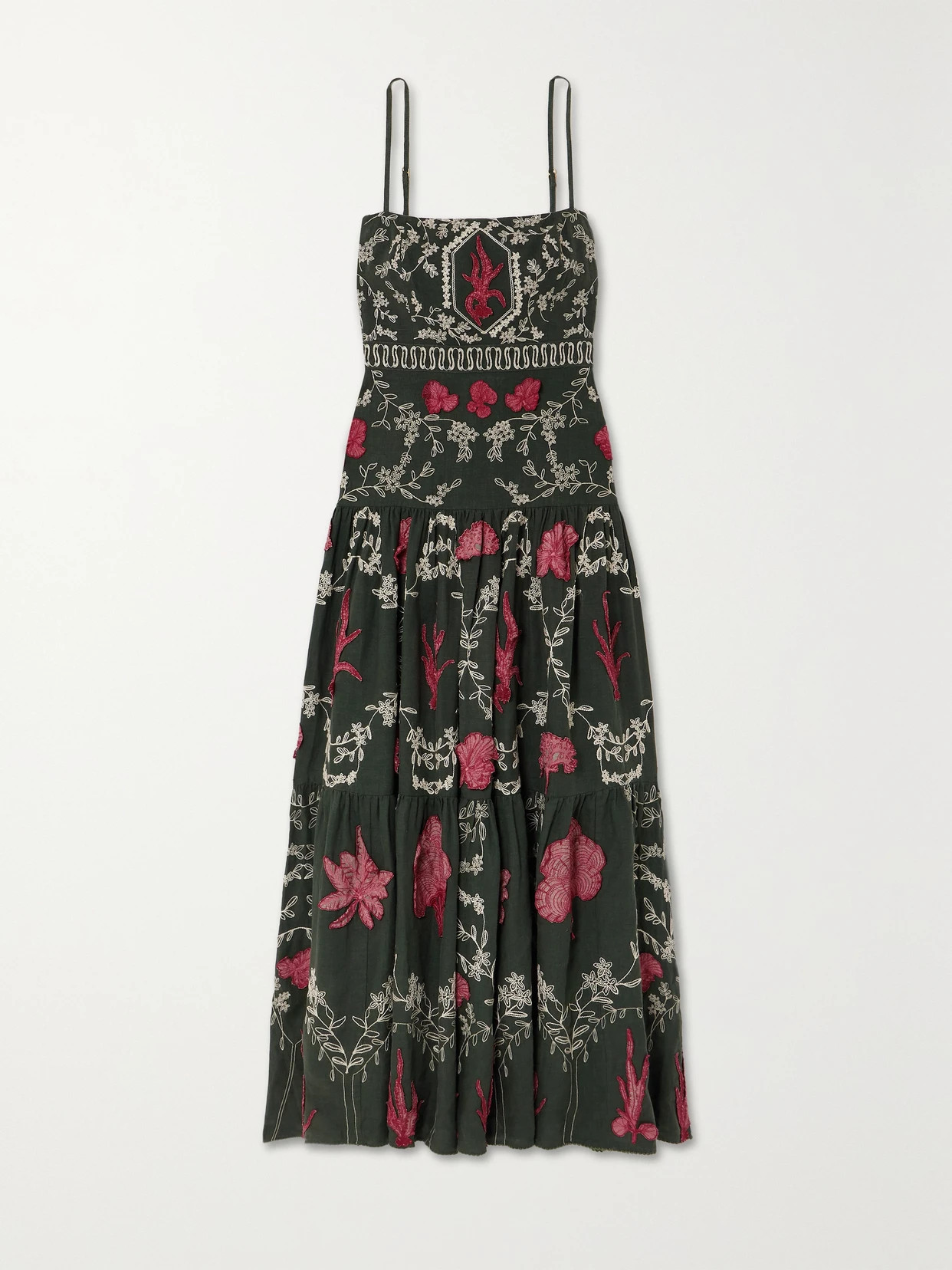 Agua by Agua Bendita - + Net Sustain Lima Encaje Tiered Appliquéd Embroidered Linen Maxi Dress - Green | NET-A-PORTER (US)
