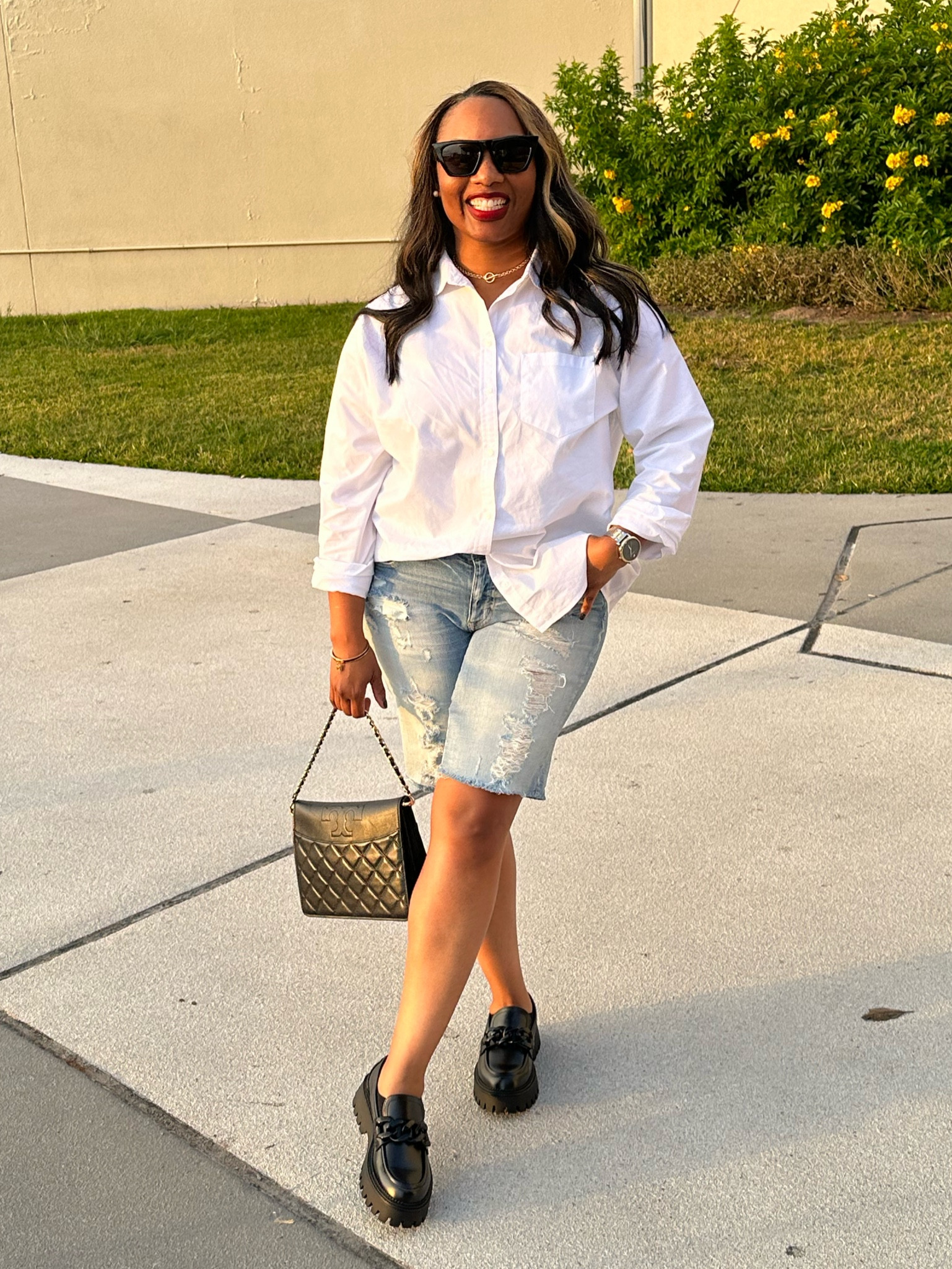 Casual Vibes with a pair of denim Bermuda shorts, white button up and loafers. Easy go to everyday casual outfit! 

#LTKstyletip #LTKbeauty #LTKunder50