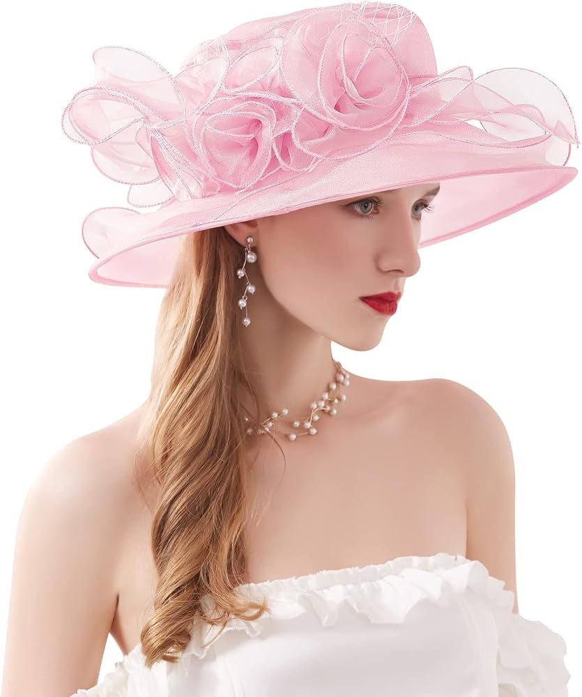 Z&X Organza Church Fascinator Wedding Tea Party Derby Hats for Women Flower Wide Brim Sun Hat | Amazon (US)