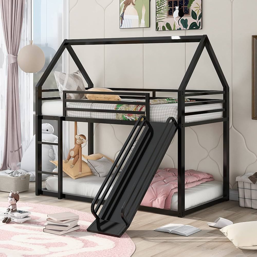 Merax Modern Twin Over Twin Heavy Steel Low Bunk Bed with Ladder and Slide House Shaped Bunk Bed ... | Amazon (US)