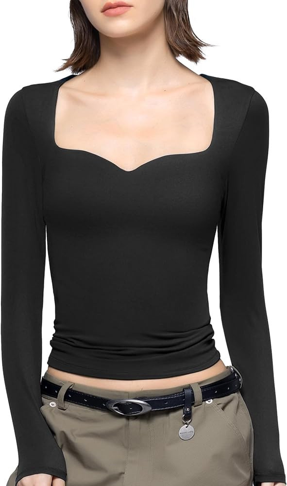 PUMIEY Women's Long Sleeve T Shirts Sweetheart Neck - Slim Fit Going Out Tops Sexy Basic Tee Smok... | Amazon (US)