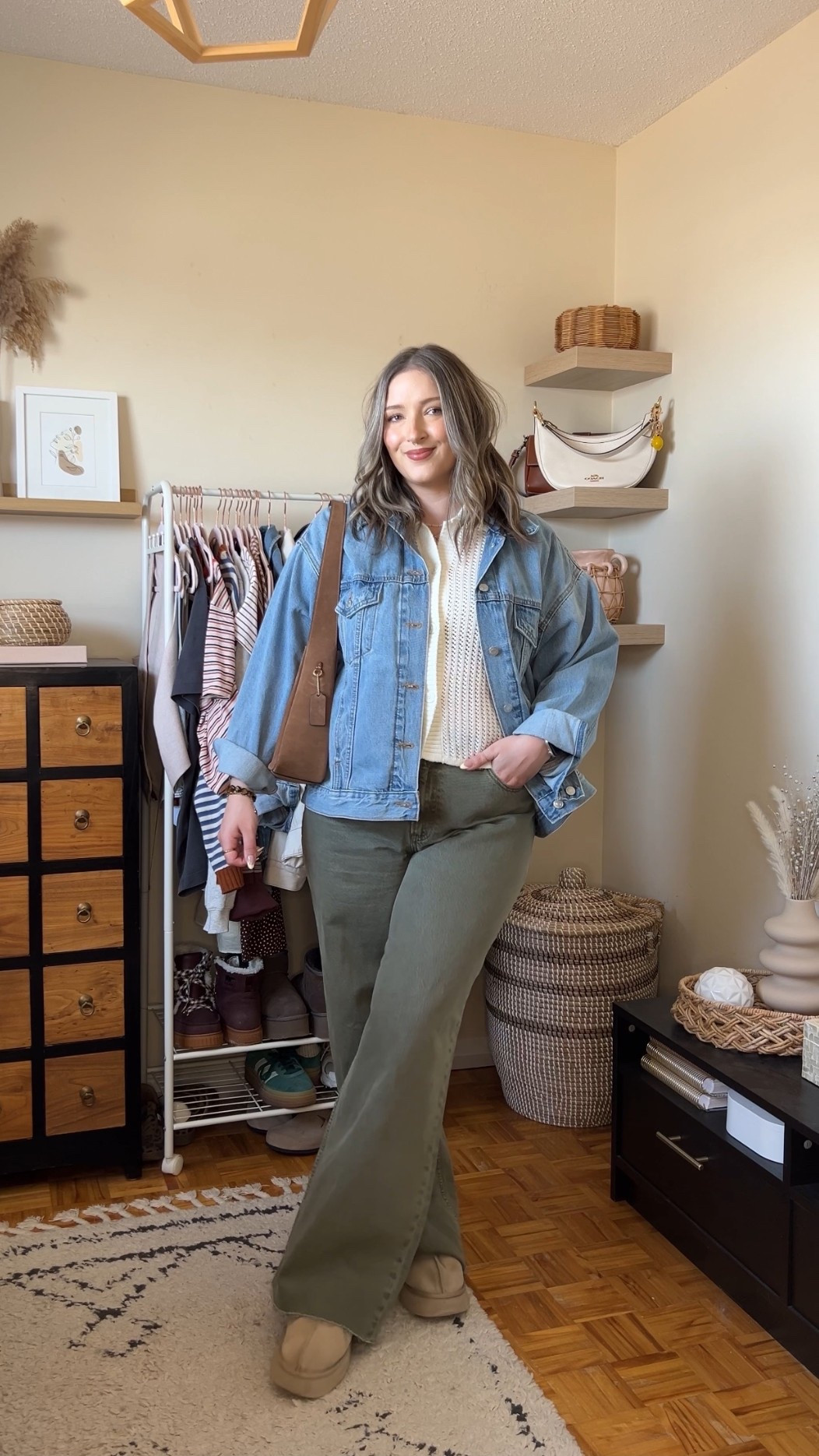 Casual spring outfit! Wearing 32 long in the jeans (I cut the hem off for a custom length). Sized up to XL in the denim jacket for an oversized fit. Linked similar crochet cardigan. Ugg Tazz platforms fit TTS

#LTKmidsize #LTKjeans #LTKstyletip