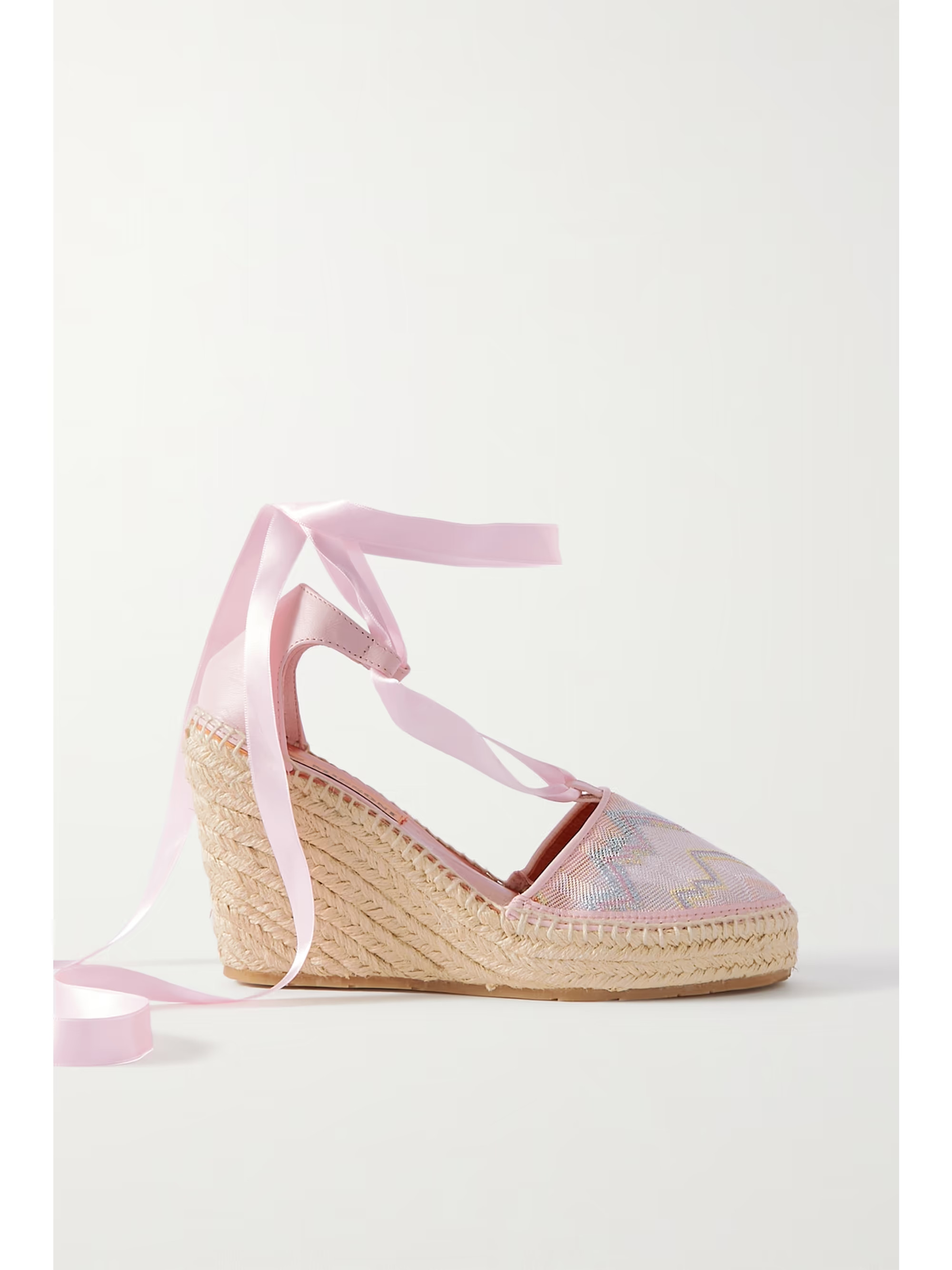 Satin and leather-trimmed crochet-knit espadrille wedge sandals | NET-A-PORTER (US)