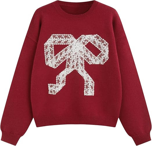 CIDER Women's Bow Cozy Sweaters Cute Lace Long Sleeve Knit Pullover | Amazon (US)